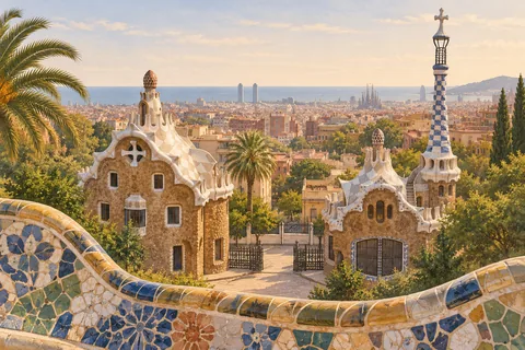 Illustration des Park Güell mit Blick über Barcelona